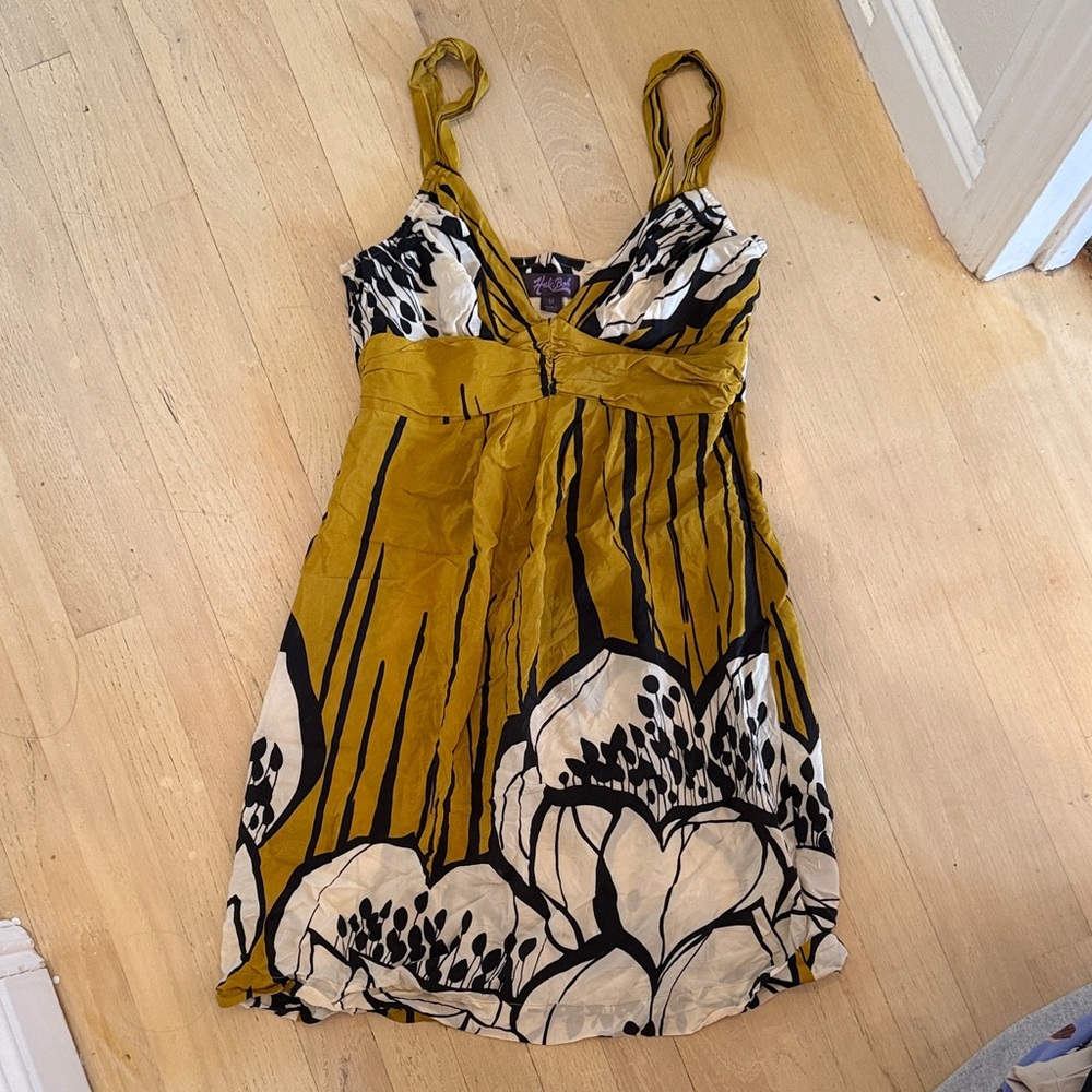 Hale Bob Women’s Olive Green, Black & White Floral Silk Summer Dress